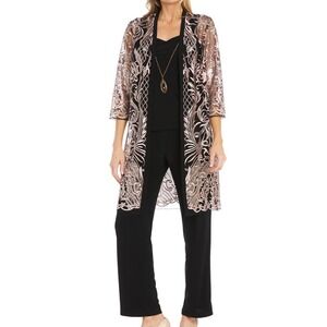 NWT R&M Richards 3 Piece Pant Set Sequin Embellish Duster Rose/Black Womens Sz 6